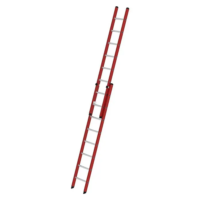 Proregal Schiebeleiter 2-teilig - Anzahl Tritte: 16 Stk., Arbeitshöhe: 5.300 mm, Belastbarkeit: 150 kg, Aluminium - Rote Ausziehleiter mit silbernen Sprossen, für verstellbare Höhe. Ihre zwei Segmente können ausgefahren werden.