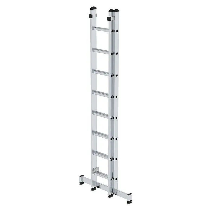 Proregal Schiebeleiter 2-teilig - Anzahl Tritte: 16 Stk., Arbeitshöhe: 5.200 mm, Belastbarkeit: 150 kg, Aluminium - Silberne Aluminium-Anlegeleiter mit schwarzen rutschfesten Füßen und breiter Stabilisierungsstange für erhöhte Sicherheit.