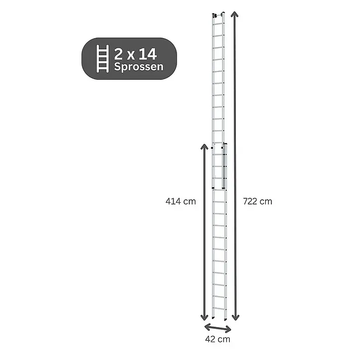 Proregal Schiebeleiter 2-teilig - Anzahl Tritte: 28 Stk., Arbeitshöhe: 8.300 mm, Belastbarkeit: 150 kg, Aluminium - Silberne 2x14 Sprossen Auszugsleiter, ausziehbar von 414 cm auf 722 cm, 42 cm breit.