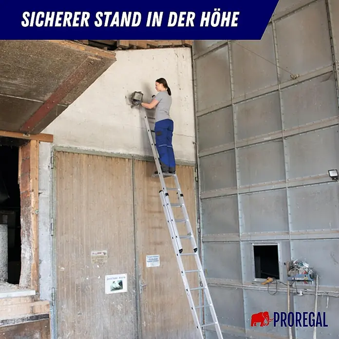Proregal Schiebeleiter 2-teilig - Anzahl Tritte: 28 Stk., Arbeitshöhe: 8.300 mm, Belastbarkeit: 150 kg, Aluminium - Silberne Aluminium-Anlegeleiter bietet sicheren Stand für eine Person bei Arbeiten an einer hohen Wand.