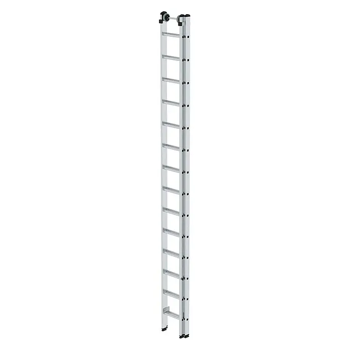 Proregal Schiebeleiter 2-teilig - Anzahl Tritte: 28 Stk., Arbeitshöhe: 8.300 mm, Belastbarkeit: 150 kg, Aluminium - Silberne Aluminium-Ausziehleiter mit zwei Abschnitten, schwarzen Füßen und Verriegelungen, oben mit Rollen zur Verlängerung.