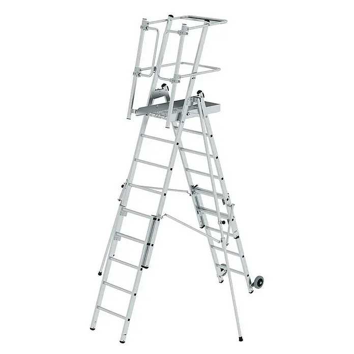 Proregal Stehleiter Plattformleiter Flexstep - Anzahl Tritte: 6 Stk., Belastbarkeit: 150 kg, Aluminium - Verstellbare silberne Aluminium-Mehrzweckleiter mit Arbeitsplattform, Schutzgeländer und Rollen.