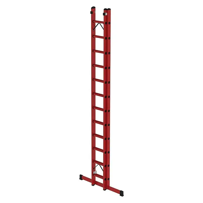 Proregal Schiebeleiter 2-teilig - Anzahl Tritte: 24 Stk., Arbeitshöhe: 7.400 mm, Belastbarkeit: 150 kg, Kunststoff - Rote Aluminium-Anlegeleiter mit schwarzen Sprossen und breitem Standbalken.