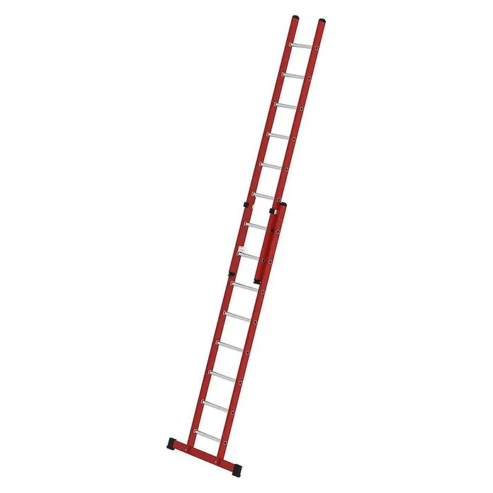 Proregal Schiebeleiter 2x8-Sprossen - Anzahl Tritte: 16 Stk., Arbeitshöhe: 5.300 mm, Belastbarkeit: 150 kg, Aluminium - Rote Ausziehleiter mit silbernen Sprossen.
