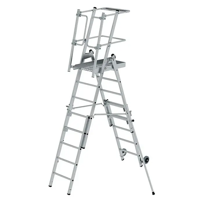 Proregal Stehleiter Plattformleiter Flexstep - Anzahl Tritte: 5 Stk., Belastbarkeit: 150 kg, Aluminium - Silberne Aluminium-Arbeitsplattform mit Schutzgeländer und Rollen.