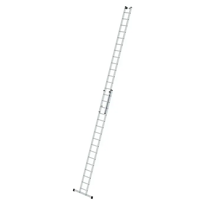 Proregal Schiebeleiter 2-teilig - Anzahl Tritte: 32 Stk., Arbeitshöhe: 9.400 mm, Belastbarkeit: 150 kg, Aluminium - Silberfarbene Aluminium-Ausziehleiter mit mehreren Segmenten für verstellbaren Höhenzugang.