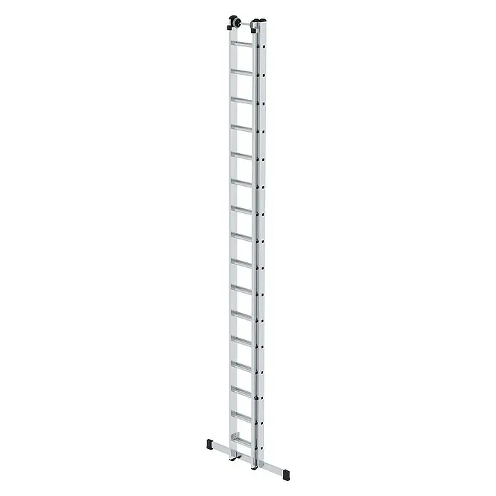 Proregal Schiebeleiter 2-teilig - Anzahl Tritte: 32 Stk., Arbeitshöhe: 9.400 mm, Belastbarkeit: 150 kg, Aluminium - Silberne Aluminium-Ausziehleiter mit breiter Stabilisierungsstange und oberen Rollen.