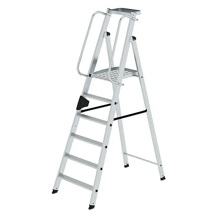 Proregal Stehleiter mit 6 Stufen - Anzahl Tritte: 6 Stk., Belastbarkeit: 150 kg, Aluminium - Silberne Aluminium-Plattformleiter mit Handläufen, rutschfester oberer Plattform und breiten Stufen für Stabilität und Sicherheit.