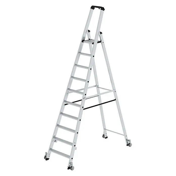 Proregal Stehleiter einseitig begehbar - Anzahl Tritte: 10 Stk., Arbeitshöhe: 4.350 mm, Belastbarkeit: 150 kg, Aluminium - Silberne Aluminium-Stehleiter mit schwarzem Haltegriff, Arbeitsplattform und Rollen für Mobilität.
