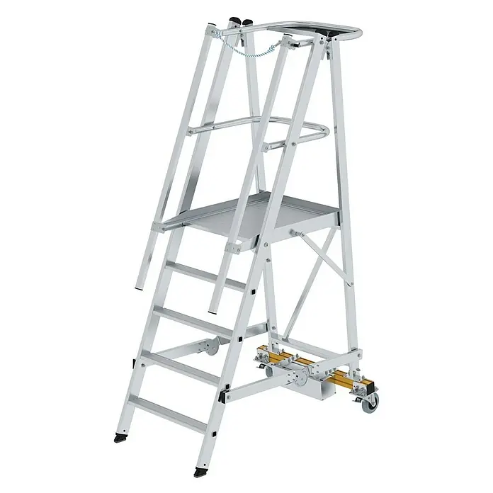 Proregal Stehleiter Plattformleiter klappbar mit schmalem Fahrwerk - Anzahl Tritte: 5 Stk., Arbeitshöhe: 3.150 mm, Belastbarkeit: 150 kg, Aluminium - Silberne, fahrbare Aluminium-Plattformleiter mit Stufen, stabiler Plattform und Handläufen.