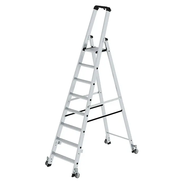 Proregal Stehleiter einseitig begehbar - Anzahl Tritte: 8 Stk., Arbeitshöhe: 3.850 mm, Belastbarkeit: 150 kg, Aluminium - Silberne Aluminium-Stehleiter mit Rollen für leichte Mobilität.