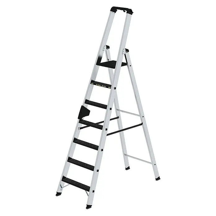 Proregal Stehleiter mit 7 Stufen - Anzahl Tritte: 7 Stk., Arbeitshöhe: 3.650 mm, Belastbarkeit: 250 kg, Aluminium - Silberne Aluminium-Klappleiter mit schwarzen Anti-Rutsch-Stufen, einer Plattform und einem Griff, belastbar bis 250 kg.