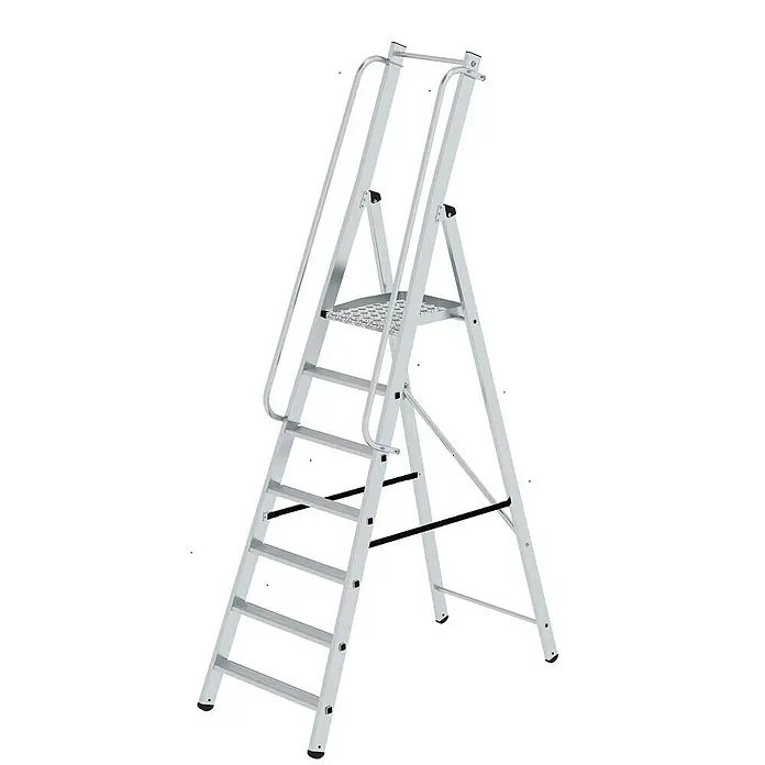 Proregal Stehleiter mit 7 Stufen - Anzahl Tritte: 7 Stk., Arbeitshöhe: 3.600 mm, Belastbarkeit: 150 kg, Aluminium - Silberne Aluminium-Plattformleiter mit mehreren Stufen, rutschfester Plattform und Handläufen für sicheren Zugang.