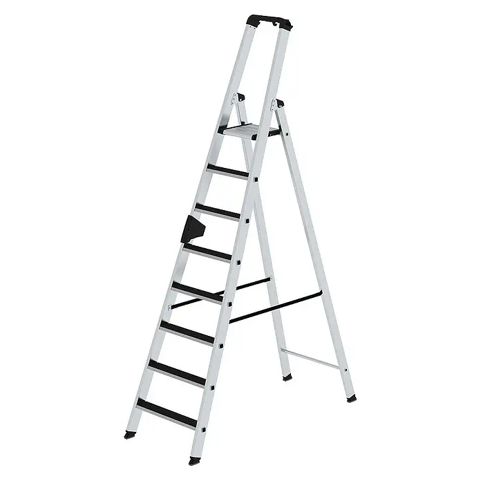 Proregal Stehleiter einseitig begehbar - Anzahl Tritte: 8 Stk., Arbeitshöhe: 3.850 mm, Belastbarkeit: 150 kg, Aluminium - Silberne Aluminium-Klappleiter mit schwarzen Stufen und Haltebügel.