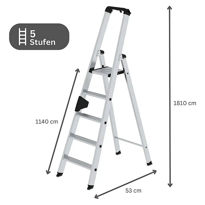 Proregal Stehleiter einseitig begehbar - Anzahl Tritte: 5 Stk., Arbeitshöhe: 3.150 mm, Belastbarkeit: 150 kg, Aluminium - Silberne Aluminium-Leiter mit 5 Stufen und schwarzen Akzenten. Maße: 1810 cm Höhe, 53 cm Breite.