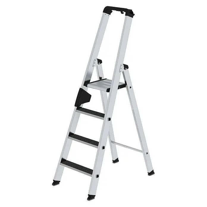 Proregal Stehleiter einseitig begehbar - Anzahl Tritte: 4 Stk., Arbeitshöhe: 2.950 mm, Belastbarkeit: 150 kg, Aluminium - Silberne Aluminium-Klappleiter mit schwarzen rutschfesten Stufen und Haltebügel.