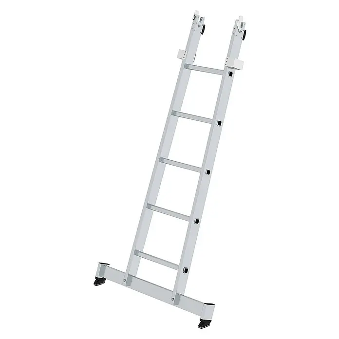 Proregal Anlegeleiter Glasreinigerleiter Unterteil mit nivello®-Traverse - Anzahl Tritte: 5 Stk., Belastbarkeit: 120 kg, Aluminium - Silberne Aluminium-Ausziehleiter mit breiter Stabilisierungsbasis und rutschfesten Füßen.