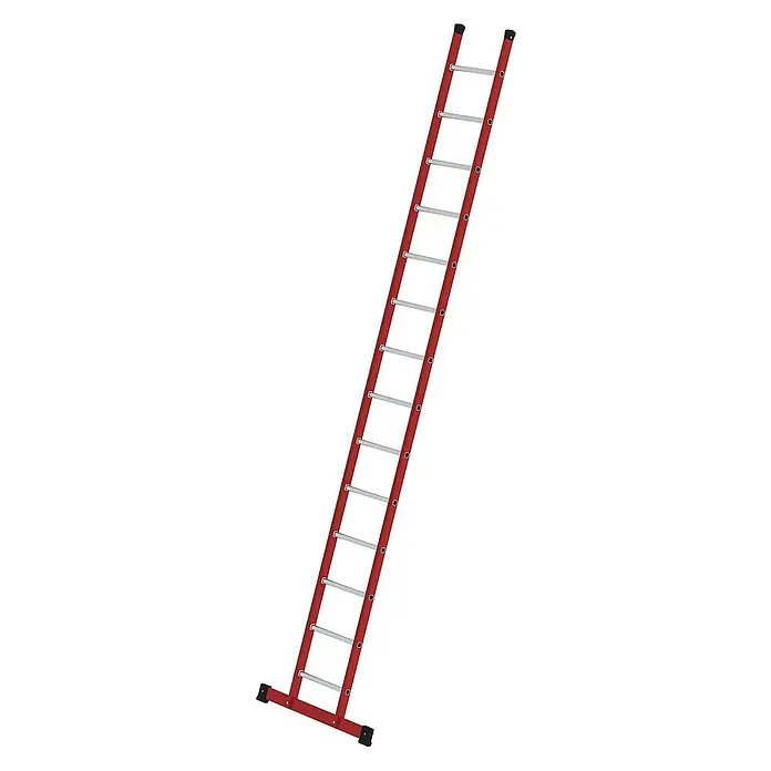 Proregal Anlegeleiter mit 14 Sprossen - Anzahl Tritte: 14 Stk., Arbeitshöhe: 5.300 mm, Belastbarkeit: 150 kg, Aluminium - Rote und silberne Anlegeleiter mit rutschfesten Füßen.