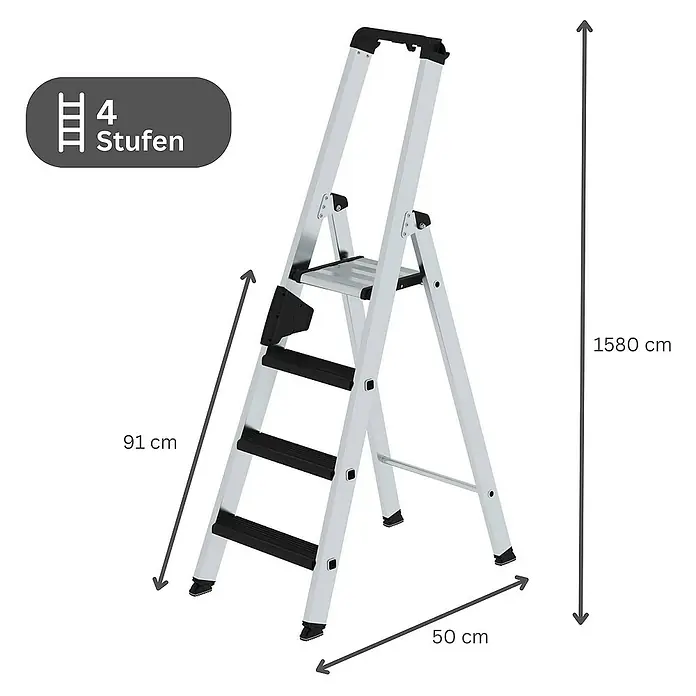 Proregal Stehleiter einseitig begehbar - Anzahl Tritte: 4 Stk., Arbeitshöhe: 2.950 mm, Belastbarkeit: 150 kg, Aluminium - Aluminium-Klapptritt mit 4 schwarzen Stufen, Haltegriff und rutschfesten Füßen. Maße: 91 cm Arbeitshöhe, 158 cm Gesamthöhe, 50 cm Breite.