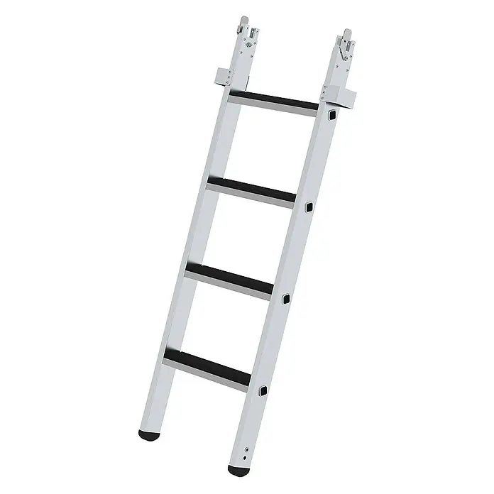 Proregal Anlegeleiter Baugrubenleiter mit 4 Stufen - Anzahl Tritte: 4 Stk., Belastbarkeit: 150 kg, Aluminium - Silberne Aluminiumleiter mit schwarzen Anti-Rutsch-Sprossen und modularen Verbindungsmechanismen oben.