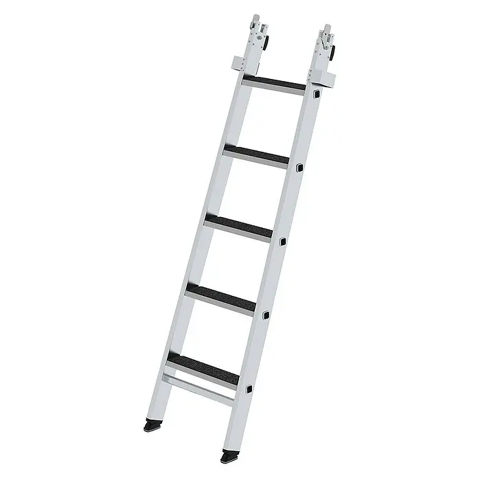Proregal Anlegeleiter Glasreinigerleiter mit clip-step - Anzahl Tritte: 5 Stk., Belastbarkeit: 120 kg, Aluminium - Verstellbare silberne Aluminium-Mehrzweckleiter mit schwarzen, rutschfesten Stufen und Füßen.