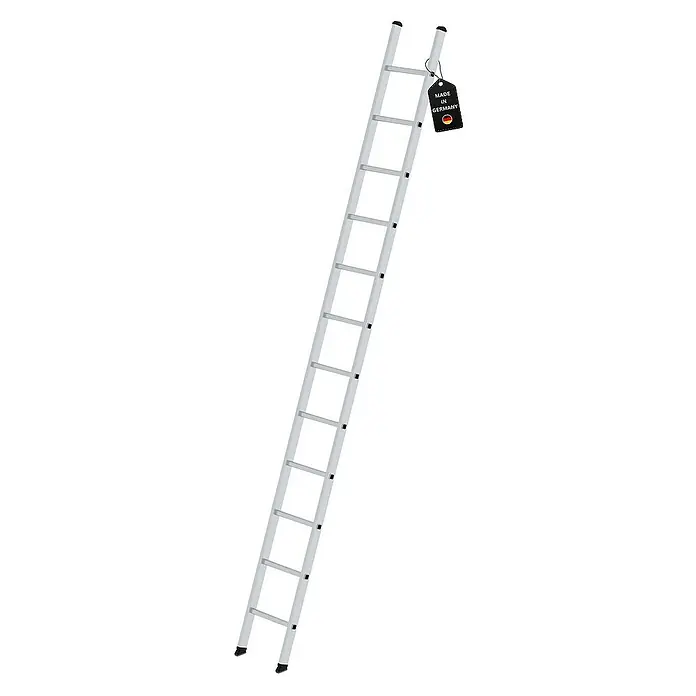 Proregal Anlegeleiter mit 12 Sprossen - Anzahl Tritte: 12 Stk., Arbeitshöhe: 4.400 mm, Belastbarkeit: 150 kg, Aluminium - Silberne Aluminiumleiter mit schwarzen Anti-Rutsch-Kappen und 'Made in Germany' Etikett.