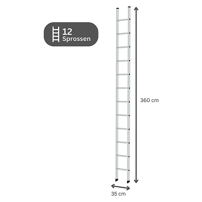 Proregal Anlegeleiter mit 12 Sprossen - Anzahl Tritte: 12 Stk., Arbeitshöhe: 4.400 mm, Belastbarkeit: 150 kg, Aluminium - Silberfarbene Leiter mit 12 Sprossen, 360 cm hoch und 35 cm breit.
