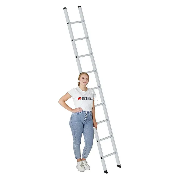 Proregal Anlegeleiter mit 9 Sprossen - Anzahl Tritte: 9 Stk., Arbeitshöhe: 3.700 mm, Belastbarkeit: 150 kg, Aluminium - Große silberne Aluminiumleiter, deren Länge durch eine daneben stehende Frau demonstriert wird.