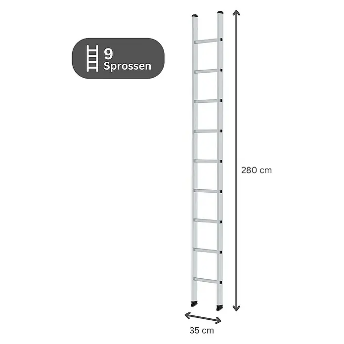 Proregal Anlegeleiter mit 9 Sprossen - Anzahl Tritte: 9 Stk., Arbeitshöhe: 3.700 mm, Belastbarkeit: 150 kg, Aluminium - Silberne Aluminiumleiter mit 9 Sprossen, 280 cm hoch und 35 cm breit.