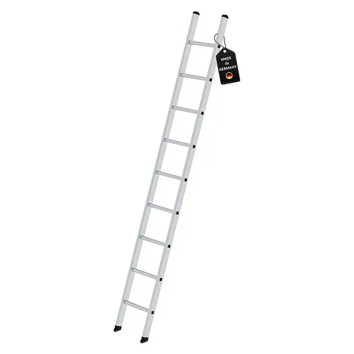 Proregal Anlegeleiter mit 9 Sprossen - Anzahl Tritte: 9 Stk., Arbeitshöhe: 3.700 mm, Belastbarkeit: 150 kg, Aluminium - Silberne Metallleiter mit schwarzen Kappen und "Made in Germany"-Etikett.