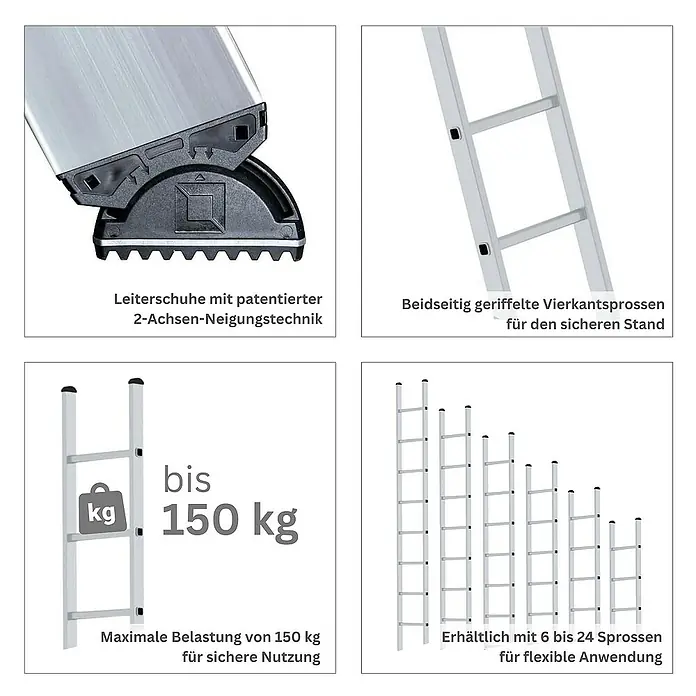 Proregal Anlegeleiter mit 9 Sprossen - Anzahl Tritte: 9 Stk., Arbeitshöhe: 3.700 mm, Belastbarkeit: 150 kg, Aluminium - Detaillierte Ansicht einer Leiter, die ihre patentierten Kippfüße, geriffelten Sprossen, 150 kg Tragfähigkeit und verfügbaren Größen zeigt.