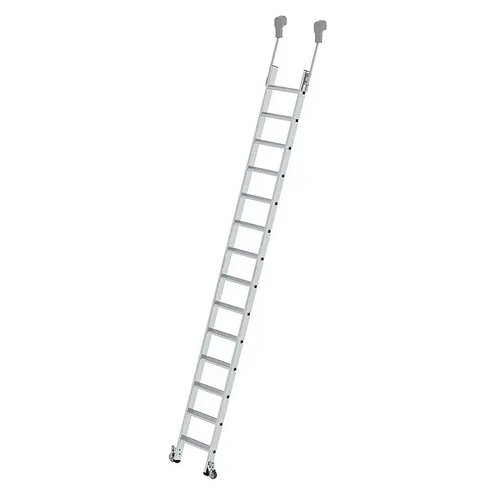 Proregal Anlegeleiter Regalleiter fahrbar - Anzahl Tritte: 16 Stk., Arbeitshöhe: 5.300 mm, Belastbarkeit: 150 kg, Aluminium - Silberne Aluminiumleiter mit Sprossen, Rollen unten und oberen Verlängerungen für Stabilität.