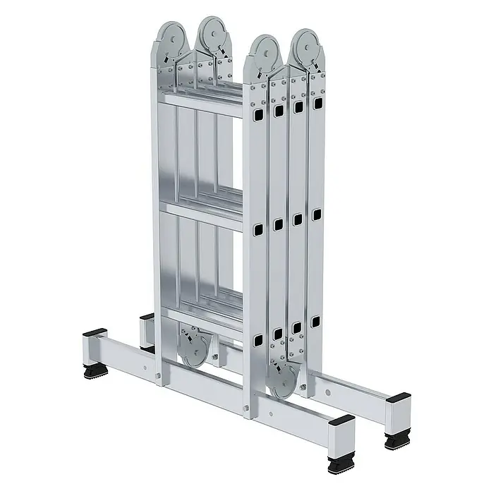 Proregal Mehrzweckleiter 4-teilig - Anzahl Tritte: 6 Stk., Arbeitshöhe: 5.300 mm, Belastbarkeit: 150 kg, Aluminium - Geklappte silberne Aluminium-Mehrzweckleiter mit Scharnieren und breitem Standfuß.