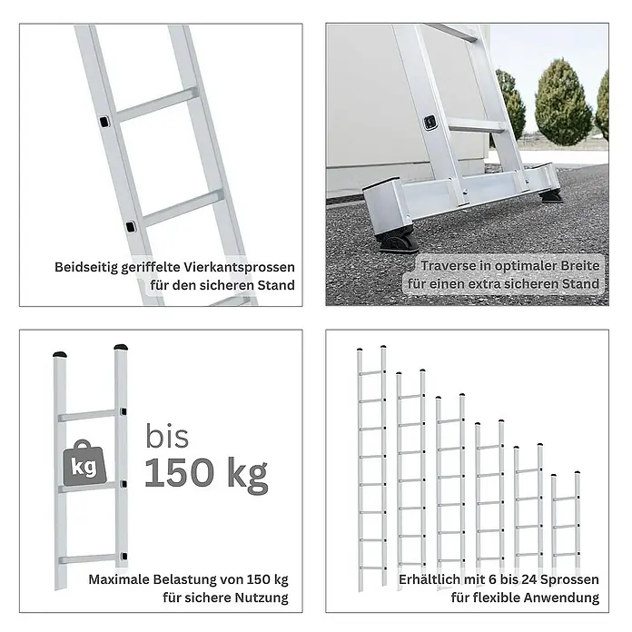 Proregal Anlegeleiter mit nivello®-Traverse - Anzahl Tritte: 20 Stk., Arbeitshöhe: 6.900 mm, Belastbarkeit: 150 kg, Aluminium - Aluminiumleiter mit geriffelten Vierkantsprossen, breiter Traverse und 150 kg Tragkraft, erhältlich in verschiedenen Längen.