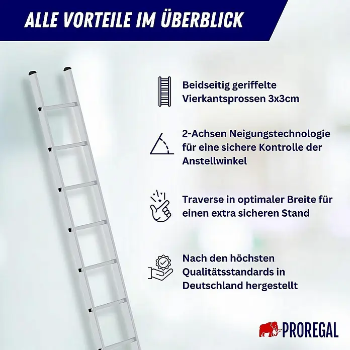 Proregal Anlegeleiter mit nivello®-Traverse - Anzahl Tritte: 20 Stk., Arbeitshöhe: 6.900 mm, Belastbarkeit: 150 kg, Aluminium - Aluminiumleiter mit ihren Eigenschaften: geriffelte Sprossen, Neigungstechnologie und breite Traverse für stabilen Stand.