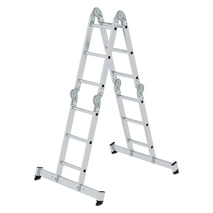 Proregal Mehrzweckleiter 4-teilig - Anzahl Tritte: 6 Stk., Arbeitshöhe: 5.300 mm, Belastbarkeit: 150 kg, Aluminium - Silberne Aluminium-Mehrzweck-Gelenkleiter, als A-Leiter aufgestellt.