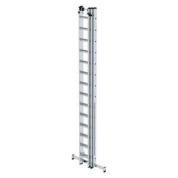 Proregal Mehrzweckleiter 3-teilig - Anzahl Tritte: 42 Stk., Arbeitshöhe: 10.800 mm, Belastbarkeit: 150 kg, Aluminium - Silberne Aluminium-Ausziehleiter mit breiter Stabilisatorstange und oberen Rollen.