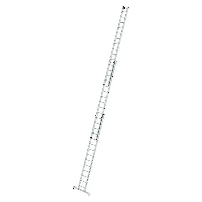 Proregal Mehrzweckleiter 3-teilig - Anzahl Tritte: 42 Stk., Arbeitshöhe: 10.800 mm, Belastbarkeit: 150 kg, Aluminium - Silberne Aluminium-Dreifach-Ausziehleiter mit Stabilisator, voll ausgezogen.