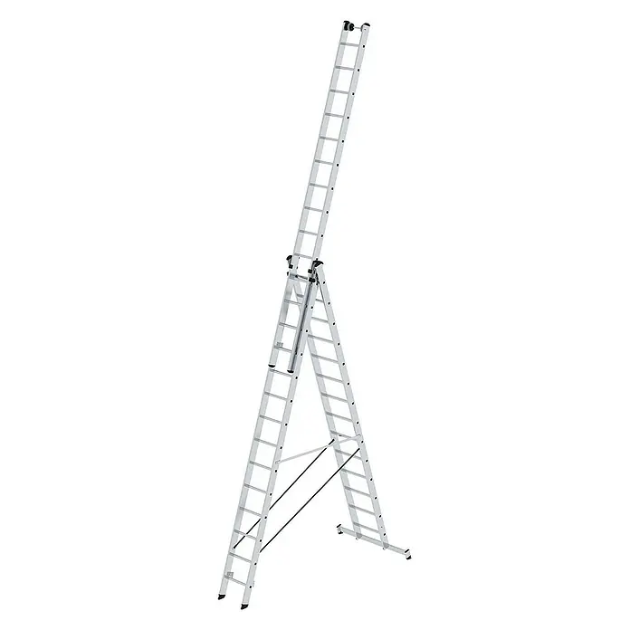 Proregal Mehrzweckleiter 3-teilig - Anzahl Tritte: 42 Stk., Arbeitshöhe: 10.800 mm, Belastbarkeit: 150 kg, Aluminium - Silberne Aluminium Mehrzweck-Anlegeleiter, als Stehleiter mit Auszug konfiguriert.