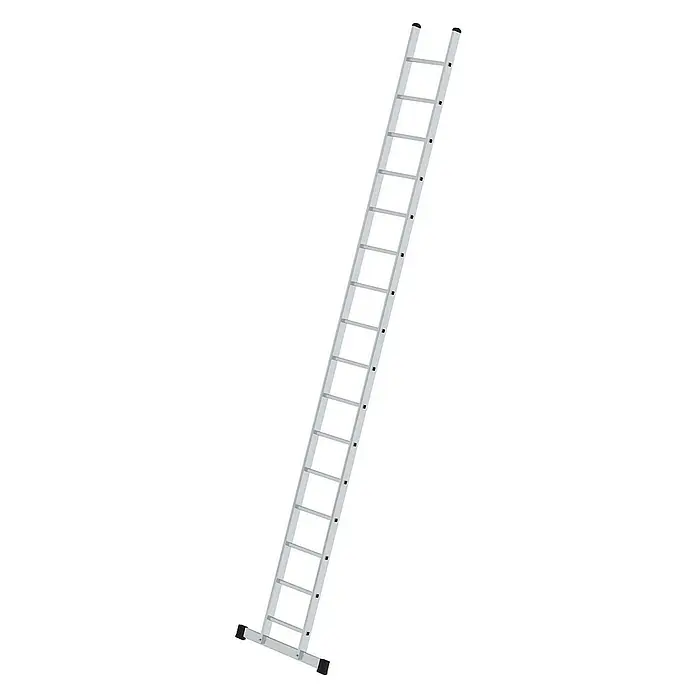 Proregal Anlegeleiter mit Standard-Traverse - Anzahl Tritte: 16 Stk., Arbeitshöhe: 5.800 mm, Belastbarkeit: 150 kg, Aluminium - Lange silberne Leiter mit schwarzen Antirutschfüßen und Kappen.