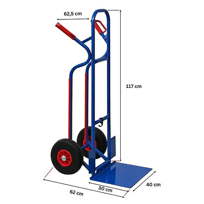 Proregal Sackkarre RAGNAR mit klappbarer XXL Schaufel & PU-Bereifung - Stahl, Traglast: 250 kg - Blaue Stahl-Sackkarre mit roten Griffen und schwarzen Lufträdern. Maße: 117cm H, 62cm B (Räder), 30x40cm Grundplatte.
