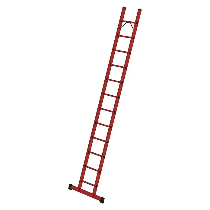 Proregal Anlegeleiter mit 12 Sprossen - Anzahl Tritte: 12 Stk., Arbeitshöhe: 4.700 mm, Belastbarkeit: 150 kg, Kunststoff - Rote Leiter mit schwarzen Antirutschfüßen und Kappen.