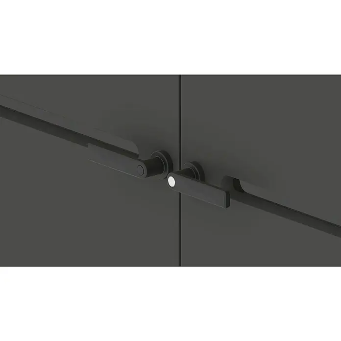 Gardol Griff - Passend für: Gardol Gerätehaus Antares III - Nahaufnahme einer eleganten, grauen Schranktür mit modernen, schwarzen Türgriffen. Schlichtes Design für stilvolle Inneneinrichtung.