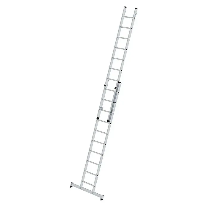 Proregal Mehrzweckleiter 2-teilig - Anzahl Tritte: 20 Stk., Arbeitshöhe: 6.100 mm, Belastbarkeit: 150 kg, Aluminium - Silberne Aluminium-Ausziehleiter mit schwarzen rutschfesten Füßen.