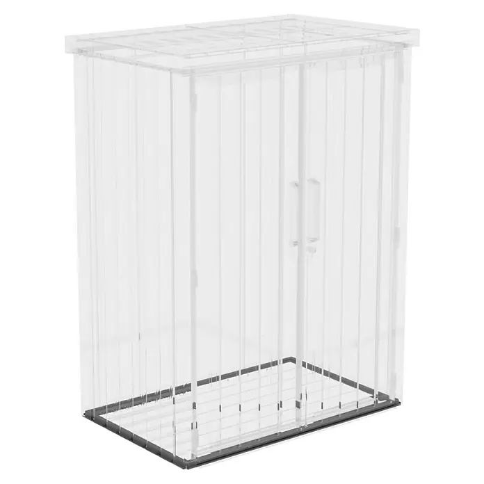 Gardol Bodenrahmen - Passend für: Gardol Geräteschrank Storage Prime - Das Bild zeigt einen transparenten Gartenschrank mit Doppeltüren, ideal für die Aufbewahrung im Freien.