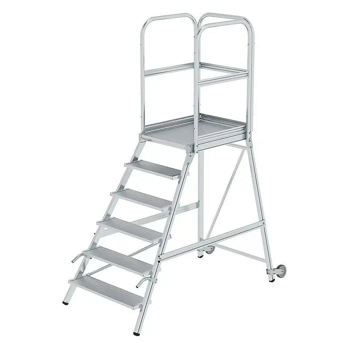 Proregal Treppenpodest einseitig begehbar - Anzahl Tritte: 6 Stk., Arbeitshöhe: 3.500 mm, Belastbarkeit: 150 kg, Aluminium - Silberne mobile Arbeitsplattform aus Aluminium mit Stufen, Geländern und Rollen für sicheren Zugang.
