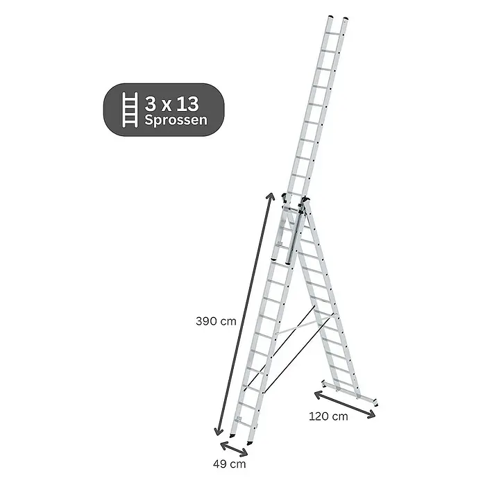 Proregal Mehrzweckleiter 3-teilig - Anzahl Tritte: 39 Stk., Arbeitshöhe: 10.600 mm, Belastbarkeit: 150 kg, Aluminium - Silberne Aluminium-Teleskopleiter mit 3x13 Sprossen, als ausgefahrene Stehleiter dargestellt. Maße: Höhe 390 cm, Basis 120 cm.