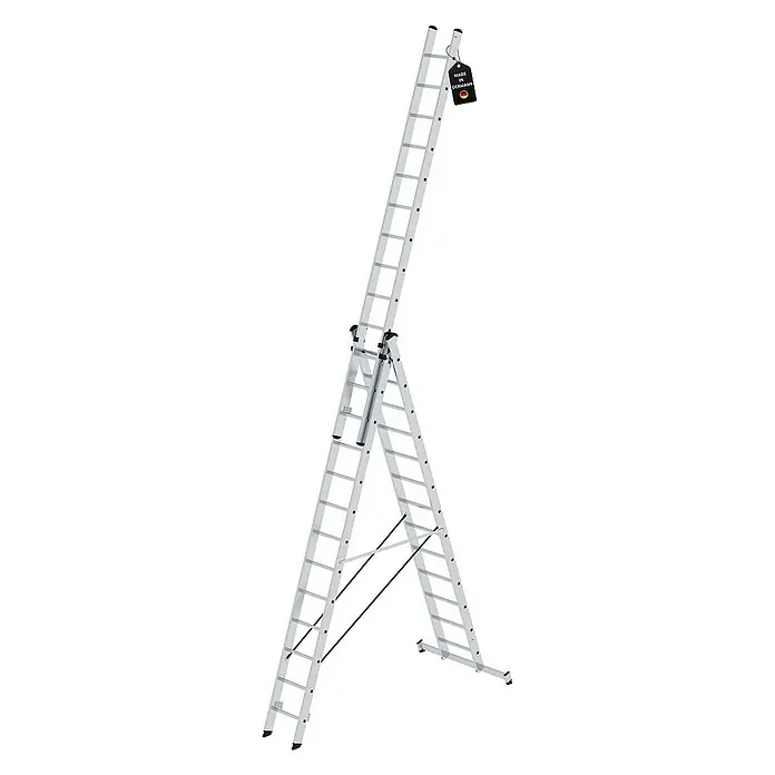 Proregal Mehrzweckleiter 3-teilig - Anzahl Tritte: 39 Stk., Arbeitshöhe: 10.600 mm, Belastbarkeit: 150 kg, Aluminium - Silberne Aluminium-Mehrzweckleiter mit schwarzen Akzenten, als Stehleiter mit ausgefahrenem Oberteil aufgestellt.