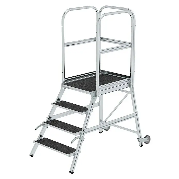 Proregal Treppenpodest einseitig begehbar - Anzahl Tritte: 4 Stk., Arbeitshöhe: 3.000 mm, Belastbarkeit: 150 kg, Aluminium - Mobile Aluminium-Arbeitsplattform mit rutschfesten Stufen, Handläufen und Rollen für sicheren Höhenzugang.