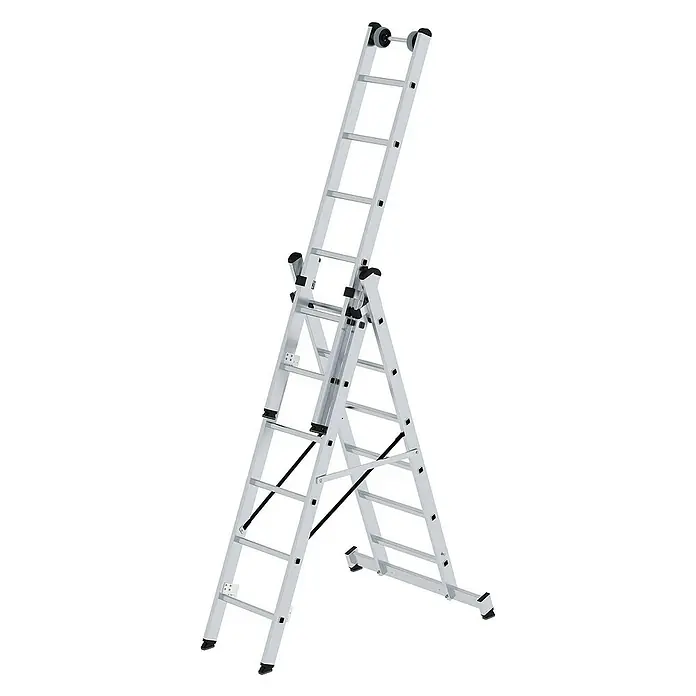 Proregal Mehrzweckleiter 3-teilig - Anzahl Tritte: 18 Stk., Arbeitshöhe: 5.200 mm, Belastbarkeit: 150 kg, Aluminium - Silberne Aluminium-Mehrzweckleiter in A-Rahmen-Konfiguration mit ausfahrbarem Teil, rutschfesten Füßen und oberen Rollen.